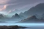 Placeholder: mist, rocks, lagoon reflection, clouds, distant city, person, sci-fi, epic