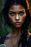 Placeholder: Portrait of a young woman, light brown skin, green eyes, black hair, arcane style