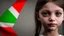 Placeholder: A girl wearing a Palestinian dress with tears in her eyes Her eye color is green Its color is brown Carrying the Palestinian flag