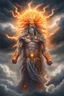 Placeholder: picture of a "god of the weather" who has long hair made of clouds. he also has glowing orange eyes that look like they're 2 suns. his body is made out of storm clouds with bits of lightning inside, his body also has glowing orange cracks all over it that look like they're made of the sun. he has greek god clothes on that are completely made of ice. his clothes also have an icy look to them as they shine in the sun