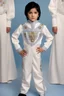 Placeholder: 10-year-old Elvis Presley, with black hair and sideburns, is posing for his school picture in a white jumpsuit with a high collar and embroidery designs - Sparkling, Sky blue Background, professional quality studio 8x10 UHD Digital photograph by Scott Kendall - multicolored spotlight, Photorealistic, realistic stock photo, Professional quality Photograph. colored Fog