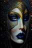 Placeholder: haute couture, extravagant, Surreal portrait of a woman head devoid of eyes with ((((smooth))) hollows where they should reside, outsider art style, dada influences, hyperrealistic details, bizarre yet compelling, set against an abstract art brut background, textured shadows, uncanny valley, oil on canvas, dramatic lighting, ultra fine details, darkmood, bizarre,orn, old, black and white, surreal photograph combined with an abstract expressionist painting with dark blue, very