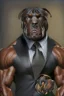 Placeholder: Bodybuilder Lee Haney with the face of a Rottweiler dog A dog's head instead of a person's head Only the player's body with a bulldog head on it He wears a luxurious black suit and holds a luxurious cigar The suit covers the body. In the mouth of the dog there is a luxurious Rottweiler dog head Remove the head