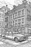 Placeholder: A Coloring book page, black and white, new york classic standard Townhouse, classic new york city taxi, busy street. The outlines should be simple and suitable for younger colorists, photo real