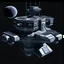 Placeholder: digital art of a realistic grey space station, viewn from a distance, black background