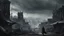 Placeholder: an apocalyptic flat landscape covered in dark gray dust. destroyed city in the distance. zombie dragons. dark grey mist. seen from the ground. fantasy, horror. no trees