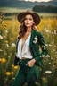 Placeholder: fullbody close up shot of young-beautiful-girl-with-a-perfect-face wearing pants and thight blouse and jacket, country side green field flowers day lights