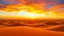 Placeholder: A sprawling desert landscape bathed in the intense light of a setting sun, casting vibrant hues of orange, pink, and yellow across the vast horizon. The sky is a canvas of fiery colors that melt into the cooler tones of twilight, with a few whispers of clouds streaking across it, adding depth to the scene. The desert sands stretch out in undulating waves, shimmering with the heat haze, creating a mirage-like effect that makes the distant dunes appear to be floating on a sea of light. The foregro