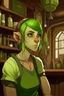 Placeholder: strong tomboy young woman who works at a tavern with pointy ears and green skin