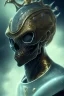 Placeholder: black male African alien, cracks in the head, wicked, Asian eyes, crown, blood, 8k, finely detailed, photo realistic, Boris Vallejo style turquoise skull head gold dragon space alien rain skeleton gold tooth silver helmet silver space suit spaceships