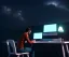 Placeholder: man coding in his computer in a dark room with walls, sky stars