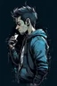 Placeholder: man, profile, cyberpunk, holding a cellphone, comic book art style, geek, engineer, t-shirt, jeans, drug addict, hoodie,