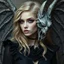Placeholder: a blonde fantasy woman who is half human and half gargoyle, her face is partially made of stone, gothic, stylised