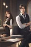 Placeholder: create a wattpad cover of a handsome boss and a beautiful secretary, hd, ultra realistic, aesthetic, manhwa style, the handsome boss sitting on the chair with table and besides the beautiful secretary