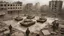 Placeholder: Israeli soldiers and tanks stand on a very large chessboard in the middle of a destroyed city