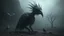 Placeholder: close in center weird crepy bird-man creature around different small crepy birds and far away surreal thriller vibe trees in alternative surreal barren, dry, gloomy world, nightmare in abyss, deep vortex, black, gray, purple, brown, silver, dark red colors, surreal, weird dark fantasy, deep dark colors, sharp lines, crepy stunning, high detalied, weird, fog, shadows, realistic, surreal, highly detailed, melancholic thriller mood