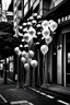 Placeholder: BLACK AND WHITE SMALL PARTY BALLOONS ON A TOKYO STREET IN THE STYLE OF HIROKU OGAI