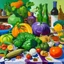 Placeholder: Chaotic Stilllife with many different vegetables, painting by David Hockney, pop art, very detailed, complicated shapes