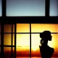 Placeholder: A silhouette of a sensual tender girl longing for a kiss, looking at the sunset from the window that creates her shadow.