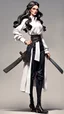 Placeholder: Full body character design, athletic Ukraine female with black wide legged and high waisted pants, white blouse, face made of white porcelain in a Greek sculpture style , long hair, holding a trench cleaver, flat leather pouch on belt, thick heeled shoes