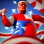 Placeholder: Realistic image of Donald trump super hero, retro style, watchmen style, red white blue colors, white stars, suspenders, latex material, 80s, vibrant color, highly detailed, sky background, concept art, unreal engine 5, god rays, ray tracing, RTX, lumen lighting, ultra detail, volumetric lighting, 3d, finely drawn, high definition, high resolution.