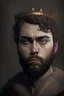 Placeholder: Portrait of a young king, looking grumpy, with short hair a beard, two dark brown eyes