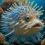 Placeholder: Pufferfish, amazing detail, vibrant colors, underwater, hyperreal, by Esau Andrews