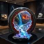 Placeholder: on a display table at a museum sits a spherical hollow geode cutaway, inside geode is a Double exposure gemstone cliff with a waterfall falling into a river made of melted sparkling sapphires that flows out of the geode onto the table, colorful, HD, crystal textures