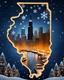 Placeholder: A outline of the State of Illinois against a dark snowy background with snowflakes falling down.. In the center of the state is a image representing the skyline of Chicago at Christmas with its beautiful buildings and architecture. The rest of the area inside the outline is softly glowing xmas trees.