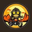 Placeholder: Monkey riding a mopped motorcycle with sunglasses and a big smile, have a mountain sunset on the background, make a round logo