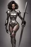 Placeholder: full body picture of a skinny woman with a bob, in futuristic silver armour, holding a curved sword, steampunk background