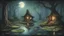 Placeholder: tangled roots and lush foliage creating an enchanting environment. lily pads, witch huts nestled among twisted trees during full moons add to the mystical allure of the scene. Utilize a soft focus to evoke the swamp's serene yet eerie ambiance, with subtle hints of moonlight filtering through the canopy above. Acrylic painting, concept art, murky atmosphere, soft focus, moonlit scene, by Greg Rutkowski, Wayne Barlowe, and Artgerm