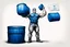 Placeholder: a very swedish strongman, big muscles and short light hair, pair of glasses, holding one big blue barrel above his head, a drawing with sketch lead pencil, The word BAXER floating