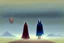 Placeholder: two people in capes and hoods seen from behind walking side by side in an empty foggy plain, above there is blue sky by artist "Leonora Carrington",by artist "Christian Schloe",by artist "Kay Sage"