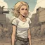 Placeholder: Portrait, brunette character with blond hair, t-shirt comic book illustration looking straight ahead, post apocalypse