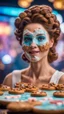 Placeholder: portrait of horny cute woman with cookie and gel ice mask , baker of the highest many storied advanced art cake sculpture during a casino game show, bokeh like f/0.8, tilt-shift lens 8k, high detail, smooth render, down-light, unreal engine, prize winning