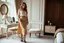 Placeholder: very beautiful sexy lady with beautful cream brown midi skirt and blouse standing in a luxury bedroom with high heels next to makeup desk looking to camera