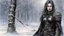 Placeholder: Hyper-photorealistic watercolor art style by Luis Royo , a warrior woman in black armor on the background of a cold snow-covered country, ice and crystal, frost and snow, hyperdetailed face, full body diagonal shot, encounters male bandits in dark fantasy countryside setting, absence of mysterious elements, dramatic lighting, ultrafine detail, octane rendering., by