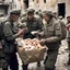 Placeholder: handing out food in war torn Europe from military to starving children