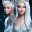 Placeholder: Ice Princess with white hair smilling, a crown with precious stones, bright background