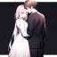 Placeholder: anime couple. couple is wearing black n white.couple standing with their backs towards each other.background is pink and blue.