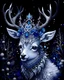 Placeholder: Beautiful white snow covered deer animal in the winter Forest,By the moonlight extremely textured decadent white gothica golden botanical filigree white fur adorned with irrdescence and bioluminescense ice blue snowflake texture and crystal pearls covered gothic white body, wearing beautiful winter leaves and mistletoe and winter purple blue berries berries and agate white onix filigree ribbed headdress organic bio spinal ribbed detail of beautiful athmospheric wnte Forest background by the moon