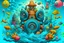 Placeholder: underwater ultra detailed 3d graffitti style music festival poster with massive speakers and people dancing with sea creatures