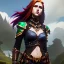 Placeholder: hyper realist, hyper detailed, stunningly beautiful teen girl, long ginger hair, green eyes, medium freckles, full lips, skimpy fantasy intricate leather armour, full body and head, c-cup breasts, aroused expression, biting lower lip, full frame, petite, centered camera, ignore NSFW