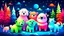 Placeholder: fantasy cartoon illustration: happy cute arctic animals looking Norther lights during Christmas party