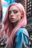 Placeholder: Hyper realistic model with long pastel pink hair and blue eyes in a city scape