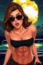 Placeholder: an attractive woman leaning forward(cropped from between nose and hips, cleavage, hands at sides of face, with surprised expression, wearing sunglasses, nuclear explosion and 1950s Cars in background, digital illustration