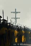 Placeholder: "A conceptual black-and- dark yellow, digital illustration of a massive roman warriors walking in the same direction, heads down, symbolizing conformity. Jesus on the cross in the background, The atmosphere feels lifeless and repetitive, emphasizing the ordinary mindset of the majority."