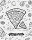 Placeholder: Coloring book, cartoon drawing, clean black and white, single line, white background, slice of pizza