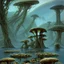 Placeholder: looking out over a lake, in an alien forest, flying mushrooms with jellyfish tenacles formed into gnarled trunks, Roger Dean